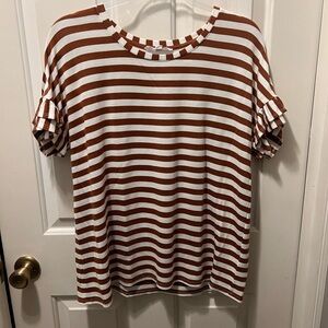 Striped Brown and White Ruffle Sleeve Top - Jane + Delancey